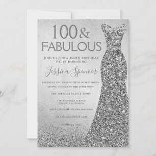Invitación Vestido Purpurina de plata 100 y fabuloso cumpleañ
