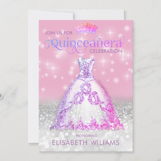 Invitación Vestido purpurina de plata rojo tiara Quinceañera  (Anverso)