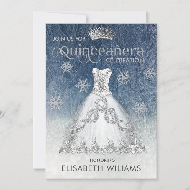 Invitación Vestido purpurina de plata rojo tiara Quinceañera  (Anverso)