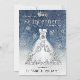 Invitación Vestido purpurina de plata rojo tiara Quinceañera 