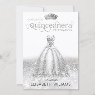 Invitación Vestido purpurina de plata rojo tiara Quinceañera 