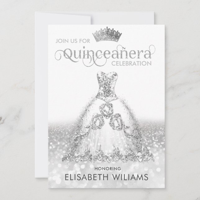 Invitación Vestido purpurina de plata rojo tiara Quinceañera  (Anverso)