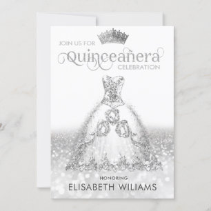 Invitación Vestido purpurina de plata rojo tiara Quinceañera