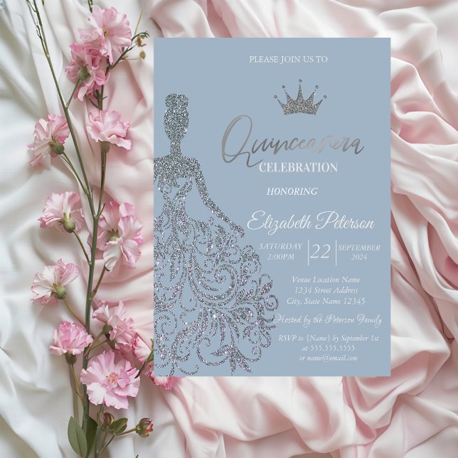Invitación Vestido Purpurina de plata Tiara Dusty azul Quince (Subido por el creador)
