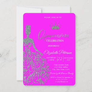 Invitación Vestido Purpurina de plata Tiara Fuschia Quinceane