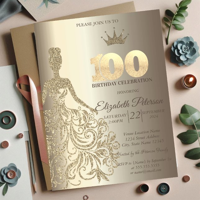 Invitación Vestido purpurina, Diamantes Champagne 100 cumplea (Subido por el creador)