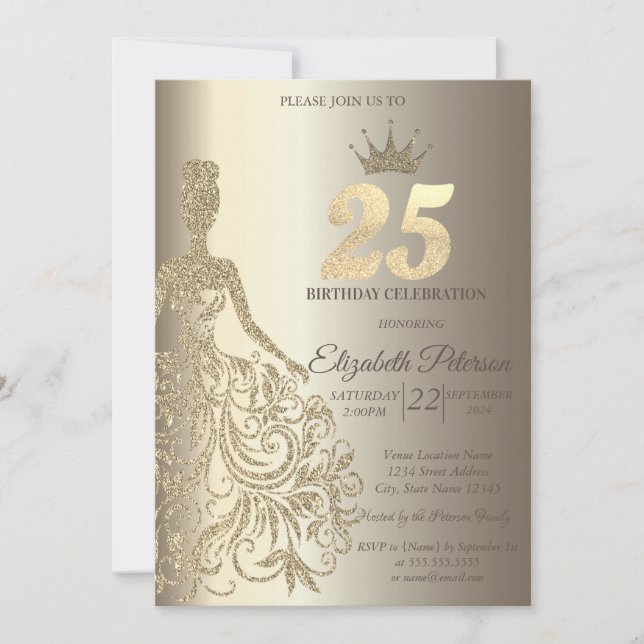 Invitación Vestido purpurina, Diamantes Champagne 25 cumpleañ (Anverso)
