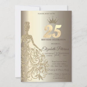 Invitación Vestido purpurina, Diamantes Champagne 25 cumpleañ