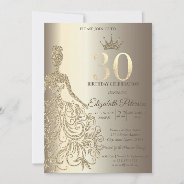 Invitación Vestido purpurina, Diamantes Champagne 30 cumpleañ (Anverso)