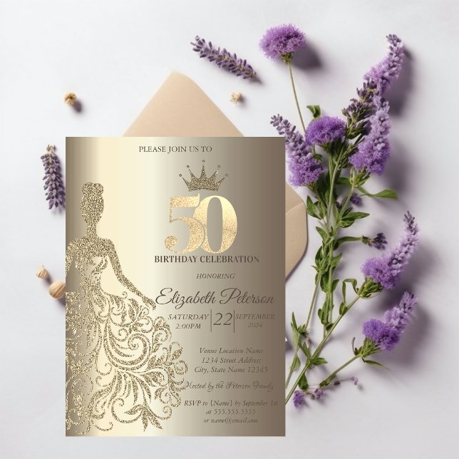 Invitación Vestido purpurina, Diamantes Champagne 50 cumpleañ (Subido por el creador)