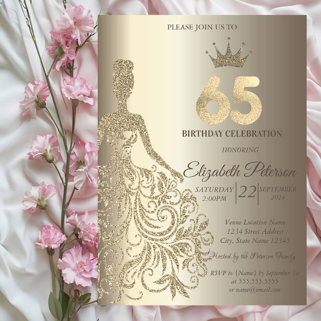 Invitación Vestido purpurina, Diamantes Champagne 65 cumpleañ (Subido por el creador)