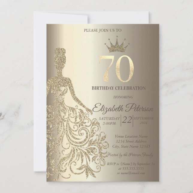 Invitación Vestido purpurina, Diamantes Champagne 70 cumpleañ (Anverso)