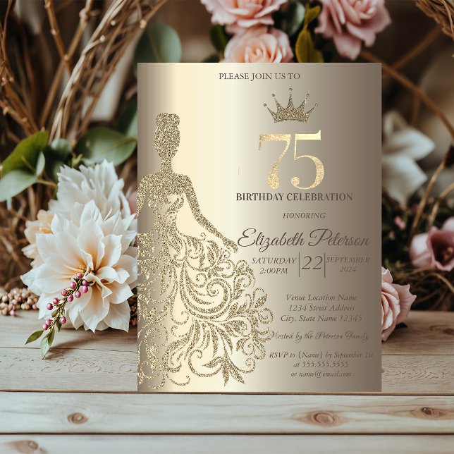 Invitación Vestido purpurina, Diamantes Champagne 75 cumpleañ (Subido por el creador)