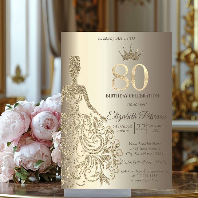 Invitación Vestido purpurina, Diamantes Champagne 80 cumpleañ (Subido por el creador)