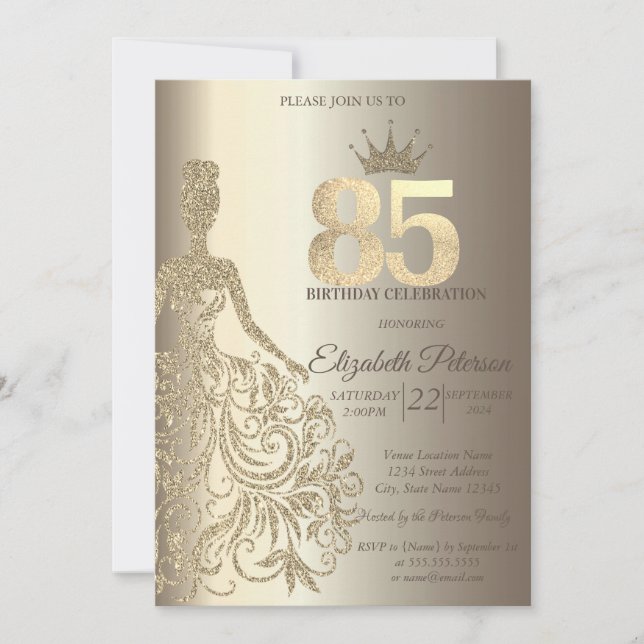 Invitación Vestido purpurina, Diamantes Champagne 85º cumplea (Anverso)