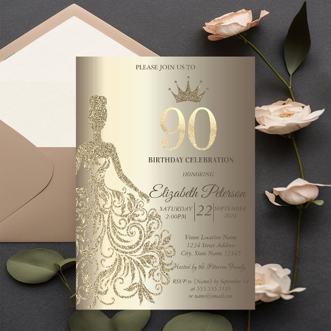 Invitación Vestido purpurina, Diamantes Champagne 90 cumpleañ (Subido por el creador)