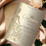 Invitación Vestido purpurina, Diamantes Champagne Quinceañera<br><div class="desc">Tiara purpurina de oro,  vestimenta y diamantes.</div>