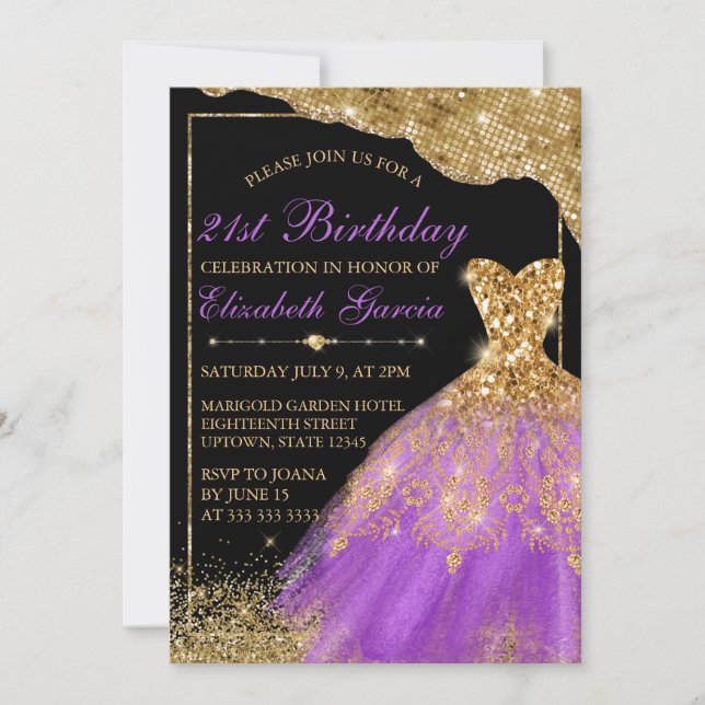 Invitación Vestido Purpurina dorado y morado 21 cumpleaños (Anverso)