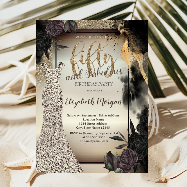 Invitación Vestido Purpurina elegante, Rosas oscuros 50 cumpl (Subido por el creador)