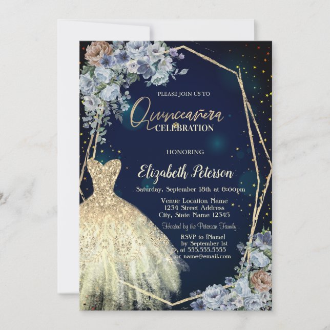 Invitación Vestido purpurina, Flores azules Quinceanera (Anverso)