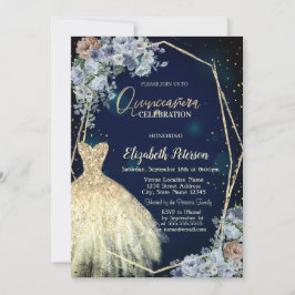 Invitación Vestido purpurina, Flores azules Quinceanera