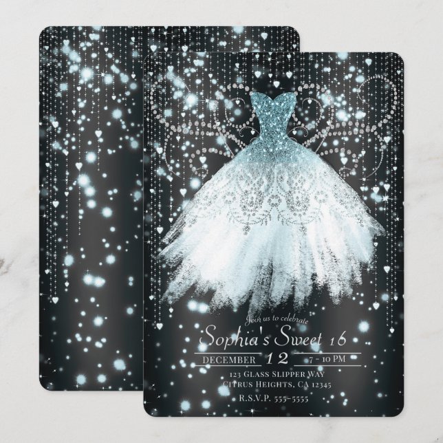 Invitación Vestido Purpurina gris azul y plateado Dulce 16 Fi (Anverso / Reverso)