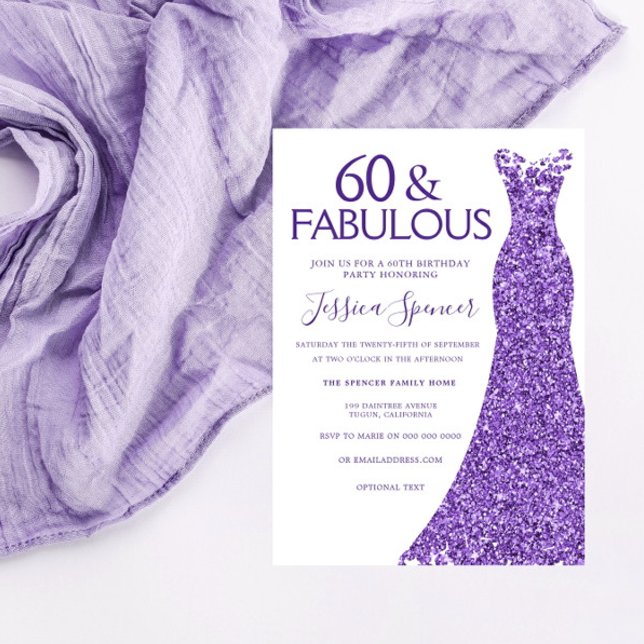 Invitación Vestido Purpurina morado Mujeres 60 cumpleaños fie (Subido por el creador)