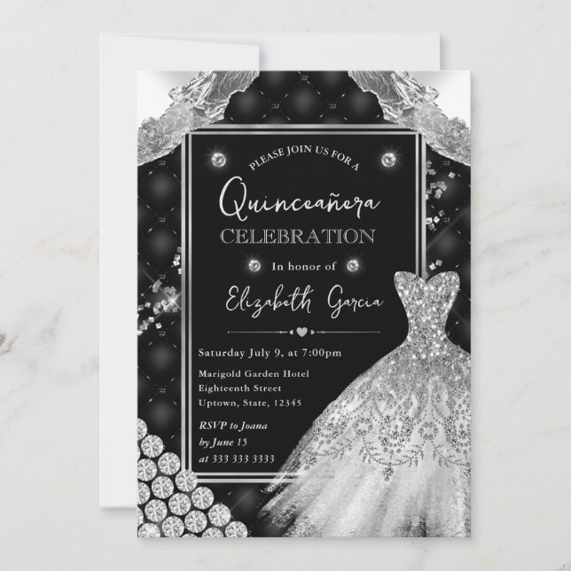 Invitación Vestido Purpurina negro y plateado Quinceanera (Anverso)