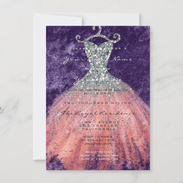 Invitación Vestido Purpurina Novia 16ª acuarela Coral Plata (Anverso)