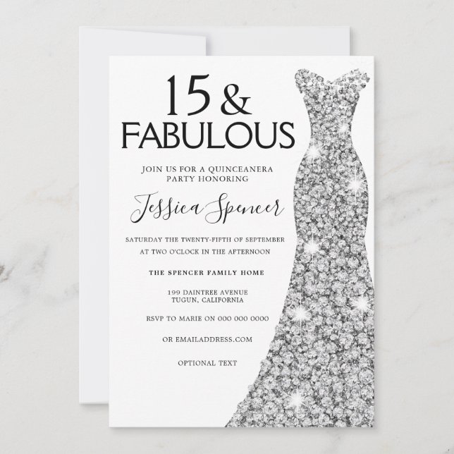 Invitación Vestido Purpurina Plata Fabuloso 15 Fiesta Quincea (Anverso)