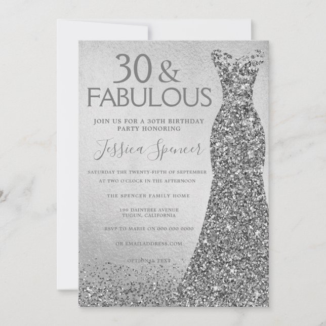 Invitación Vestido Purpurina plateado 30 y fabuloso cumpleaño (Anverso)