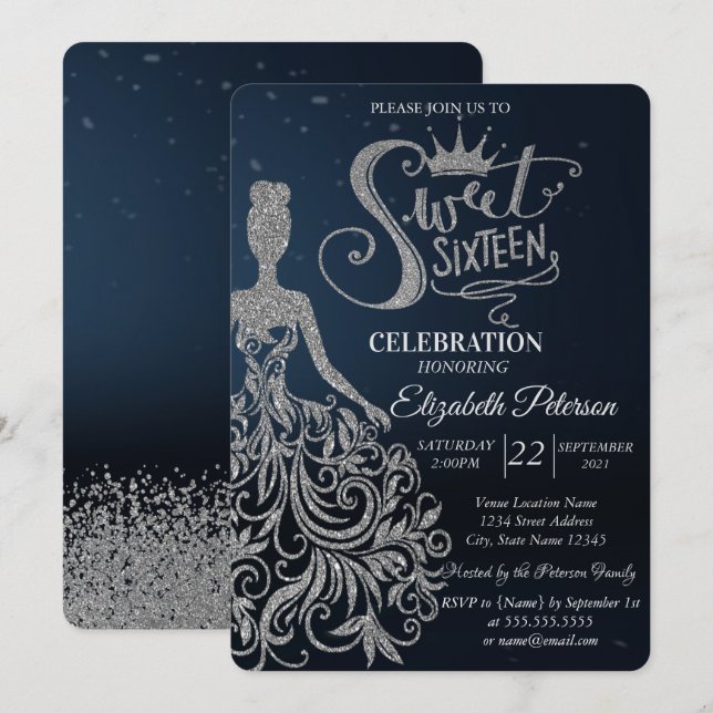 Invitación Vestido Purpurina plateado, Diamantes Dulce azul o (Anverso / Reverso)