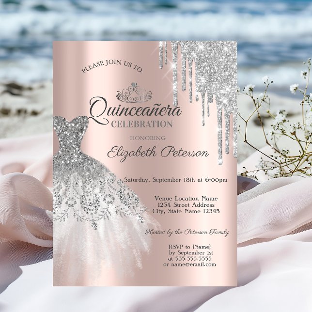 Invitación Vestido Purpurina plateado,Dris Rosa Oro Quinceañe (Subido por el creador)