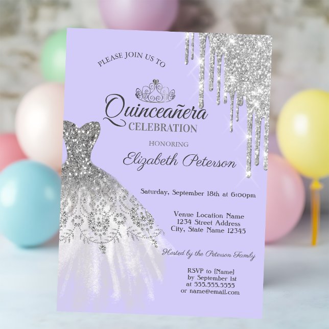 Invitación Vestido Purpurina plateado, goteo Quinceañera púrp (Subido por el creador)
