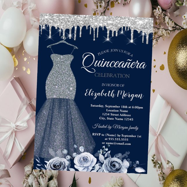 Invitación Vestido Purpurina plateado, Rosas de goteo Quincea (Subido por el creador)