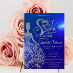 Invitación Vestido Purpurina plateado, tiara, azul de diamant<br><div class="desc">Purpurina de oro tiara,  vestido y diamantes Invitación a la fiesta de 16 cumpleaños.</div>