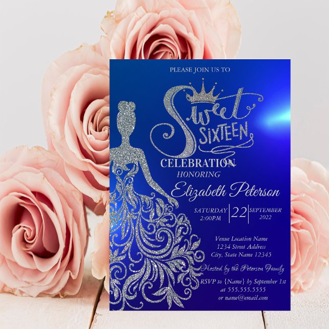 Invitación Vestido Purpurina plateado, tiara, azul de diamant (Subido por el creador)