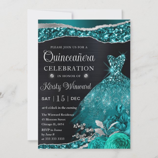 Invitación Vestido Purpurina plateado Verde azulado de color  (Anverso)