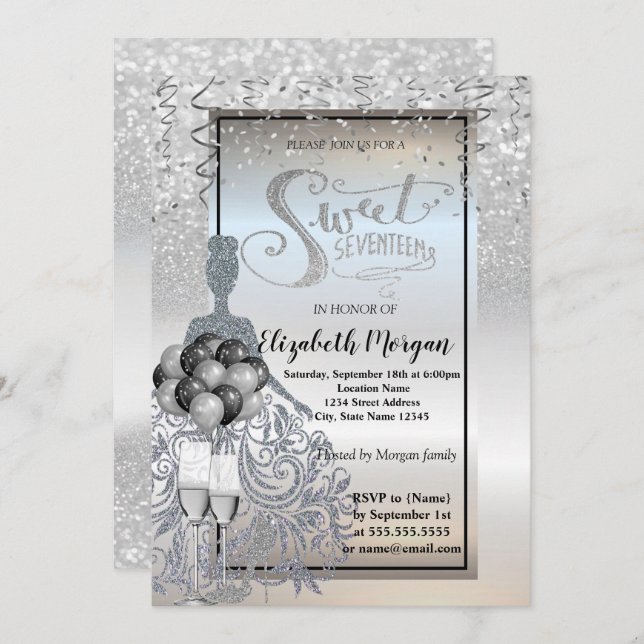Invitación Vestido Purpurina plateado, vidrio, balones dulces (Anverso / Reverso)