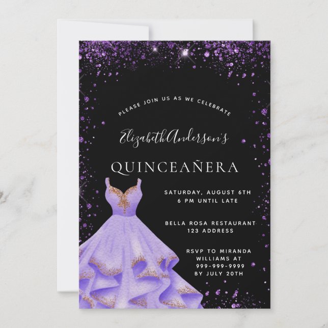 Invitación Vestido purpurina púrpura negro Quinceanera (Anverso)