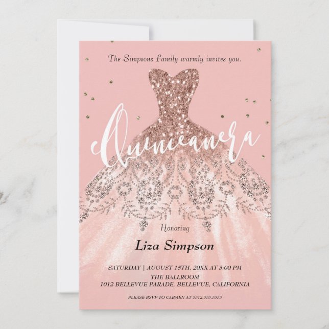 Invitación Vestido purpurina Quinceañera (Anverso)