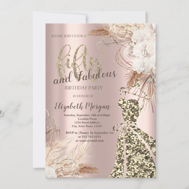 Invitación Vestido purpurina, Rosa Boho de oro Flor 50 cumple (Anverso)