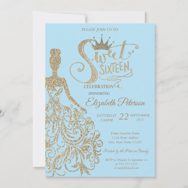 Invitación Vestido purpurina, Tiara, Diamantes Dulce azul cla (Anverso)