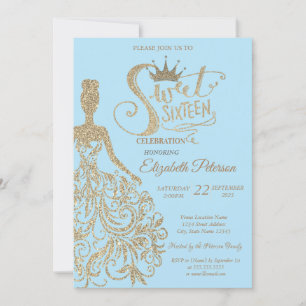 Invitación Vestido purpurina, Tiara, Diamantes Dulce azul cla