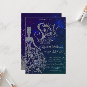 Invitación Vestido purpurina, Tiara, Diamantes Estrellas azul