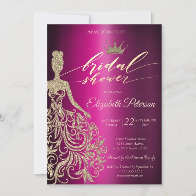 Invitación Vestido purpurina, Tiara, ducha marrón metálica de (Anverso)