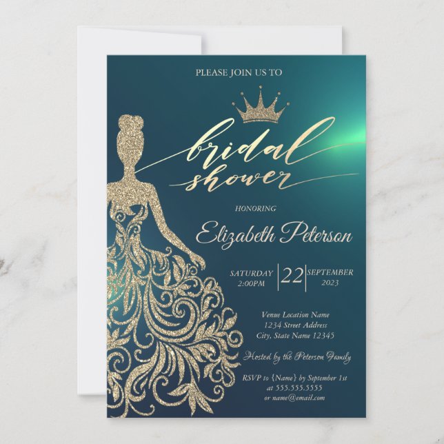 Invitación Vestido purpurina, Tiara, Ducha Verde de Novias Di (Anverso)