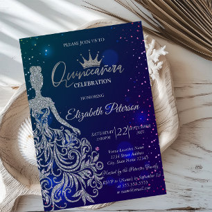 Invitación Vestido purpurina, Tiara, Estrellas azules Quincea