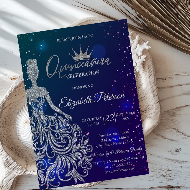 Invitación Vestido purpurina, Tiara, Estrellas azules Quincea (Subido por el creador)
