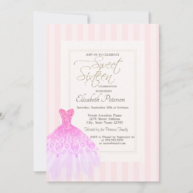 Invitación Vestido purpurina Tiras Rosa Dulce 16 (Anverso)